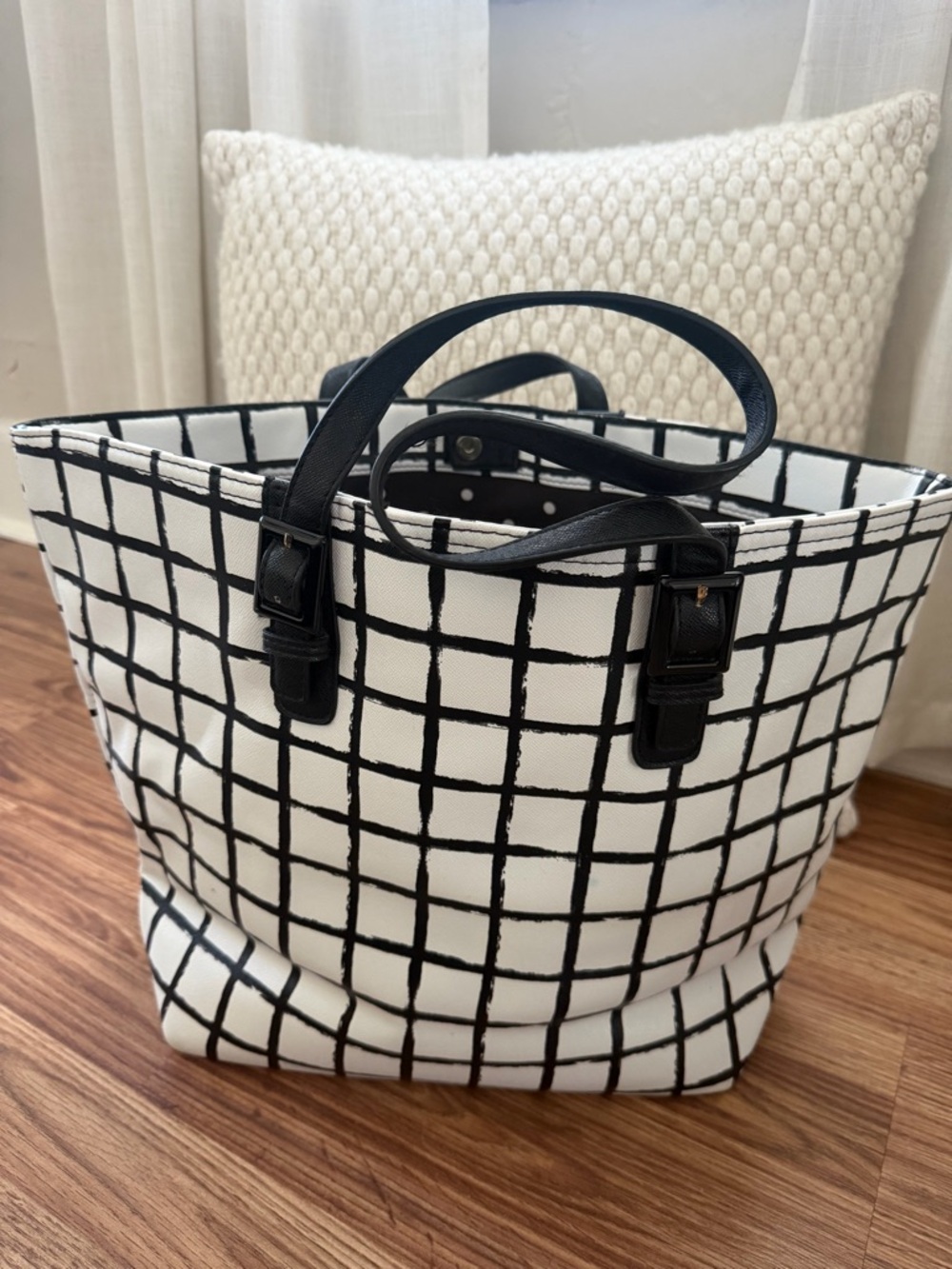 Black & White Grid Tote Bag with Leather Handles